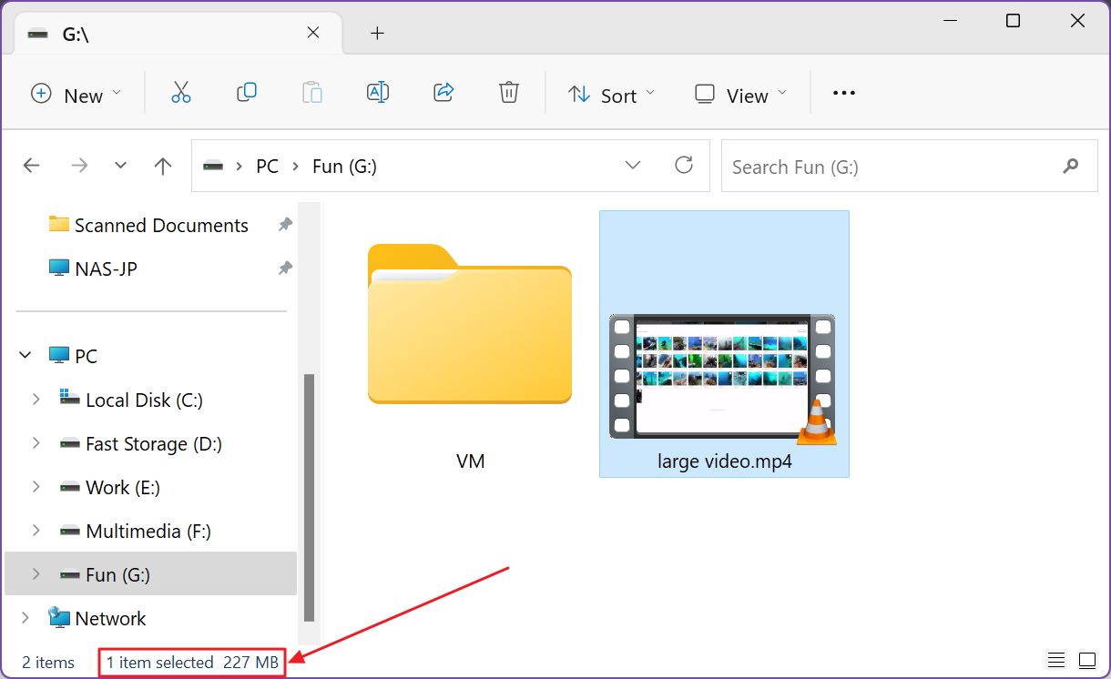 file explorer selected file size