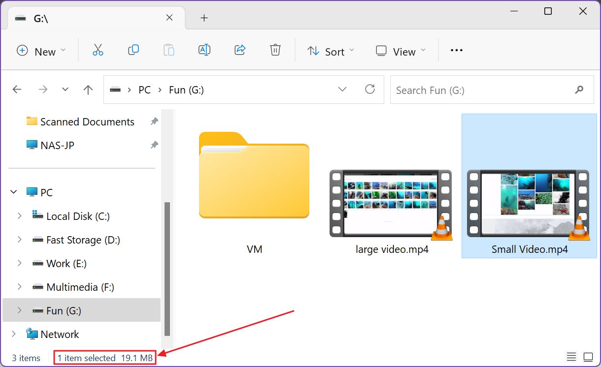 file explorer tamanho pequeno do ficheiro de vídeo