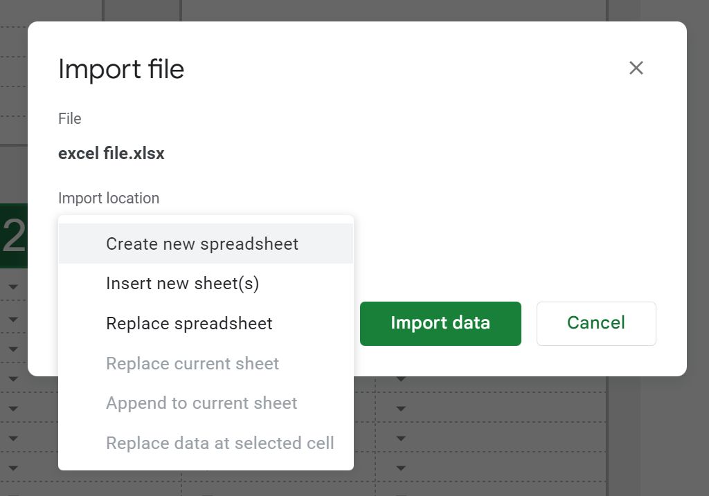 opzioni di importazione dei file di google drive