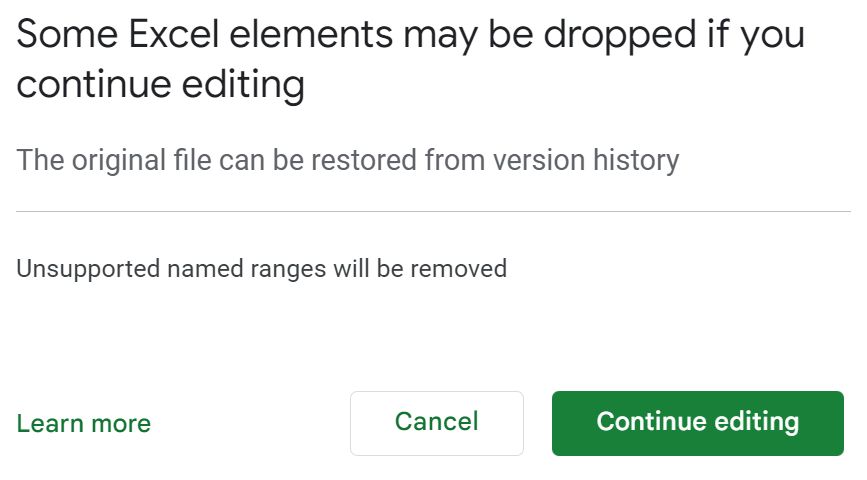 google sheets warning excel elements will be removed