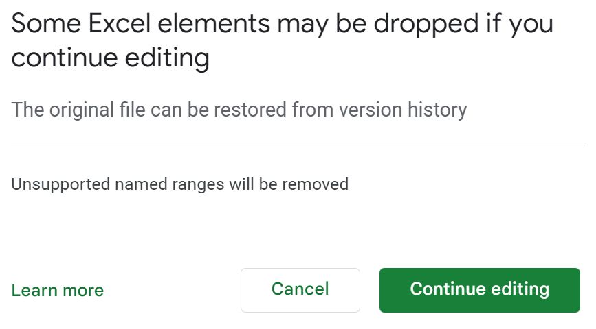 google sheets avertissement les éléments excel seront supprimés