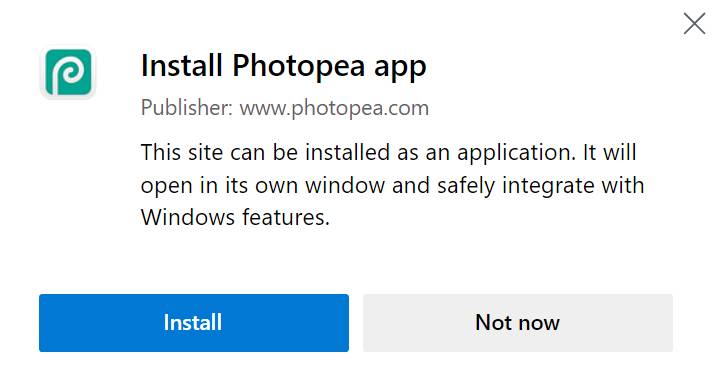 installare il popup dell'app photopea