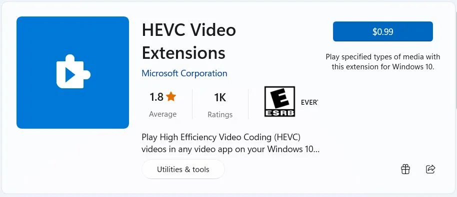 microsoft store extensões de vídeo hevc