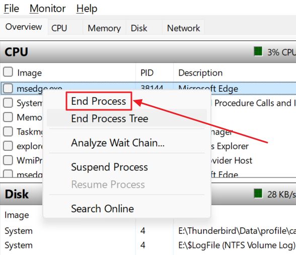 resource monitor end process