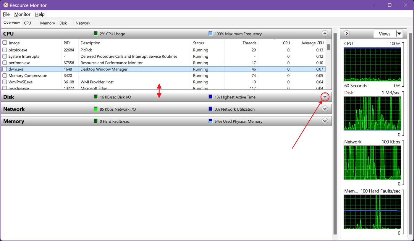 finestra principale del monitor risorse di windows