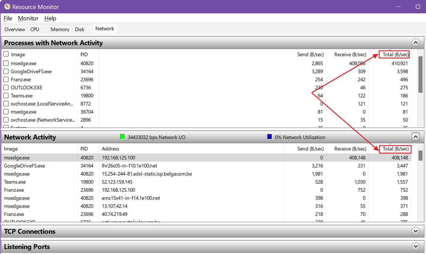 windows resource monitor network sort by transfer speed