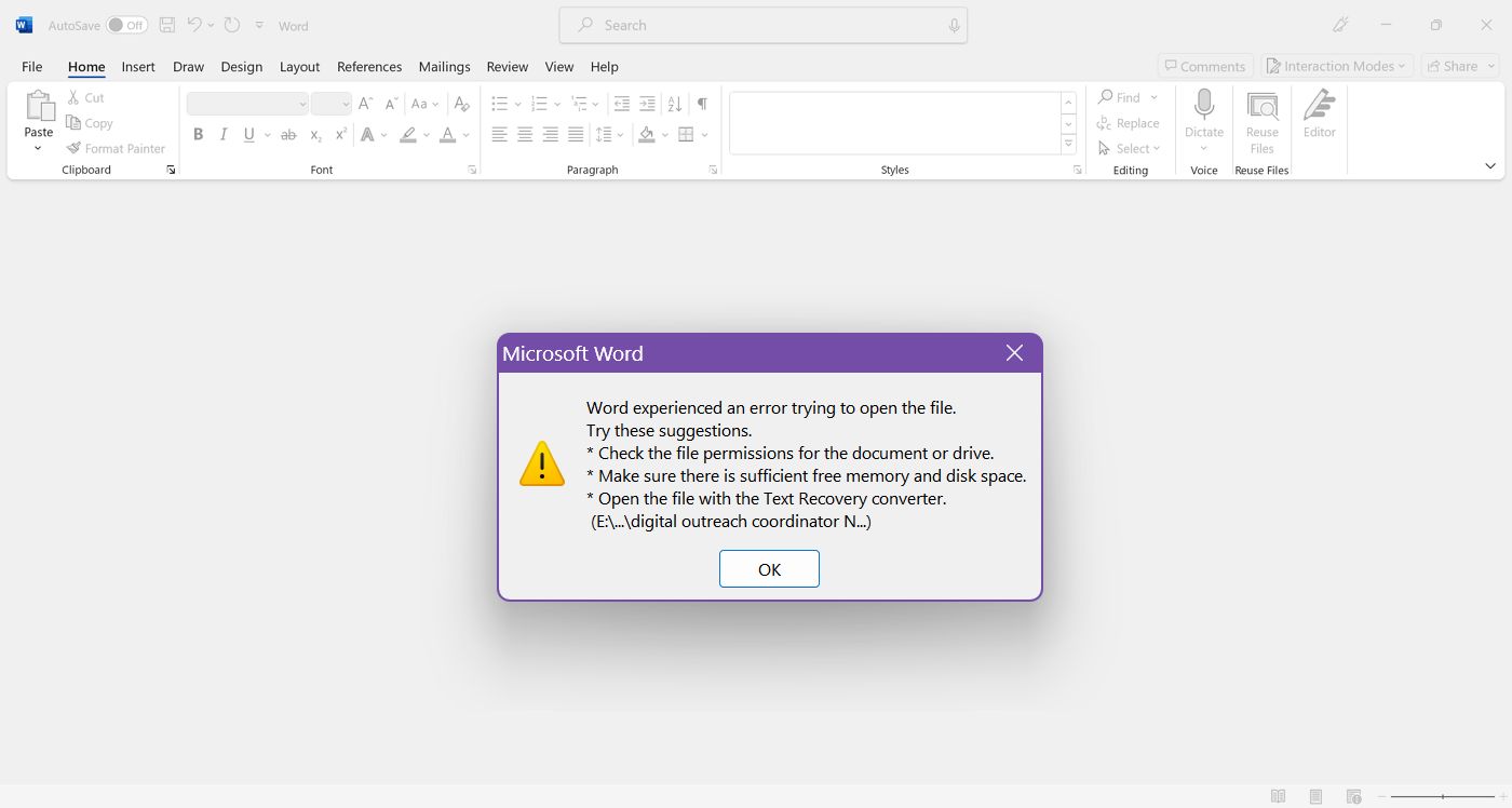 word experienced an error trying to open the file