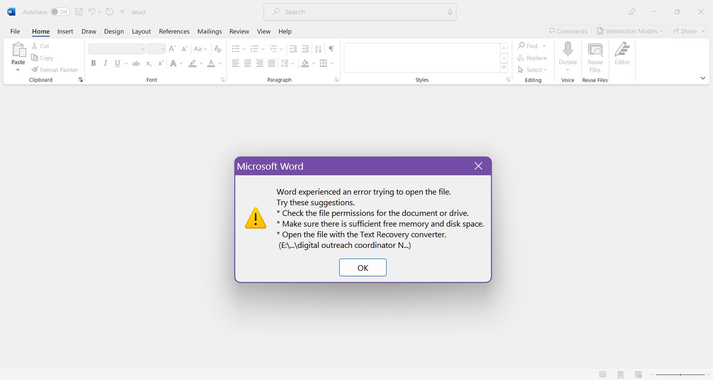 word a rencontré une erreur en essayant d'ouvrir le fichier