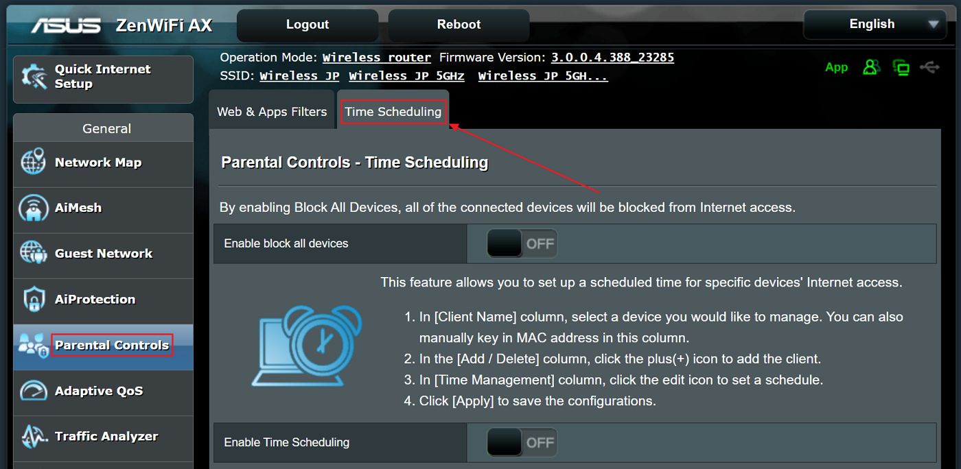 routeur asus contrôle parental programmation horaire