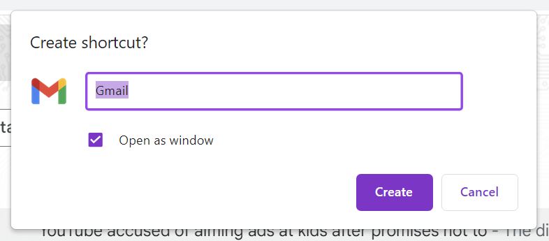 chrome create shortcut popup