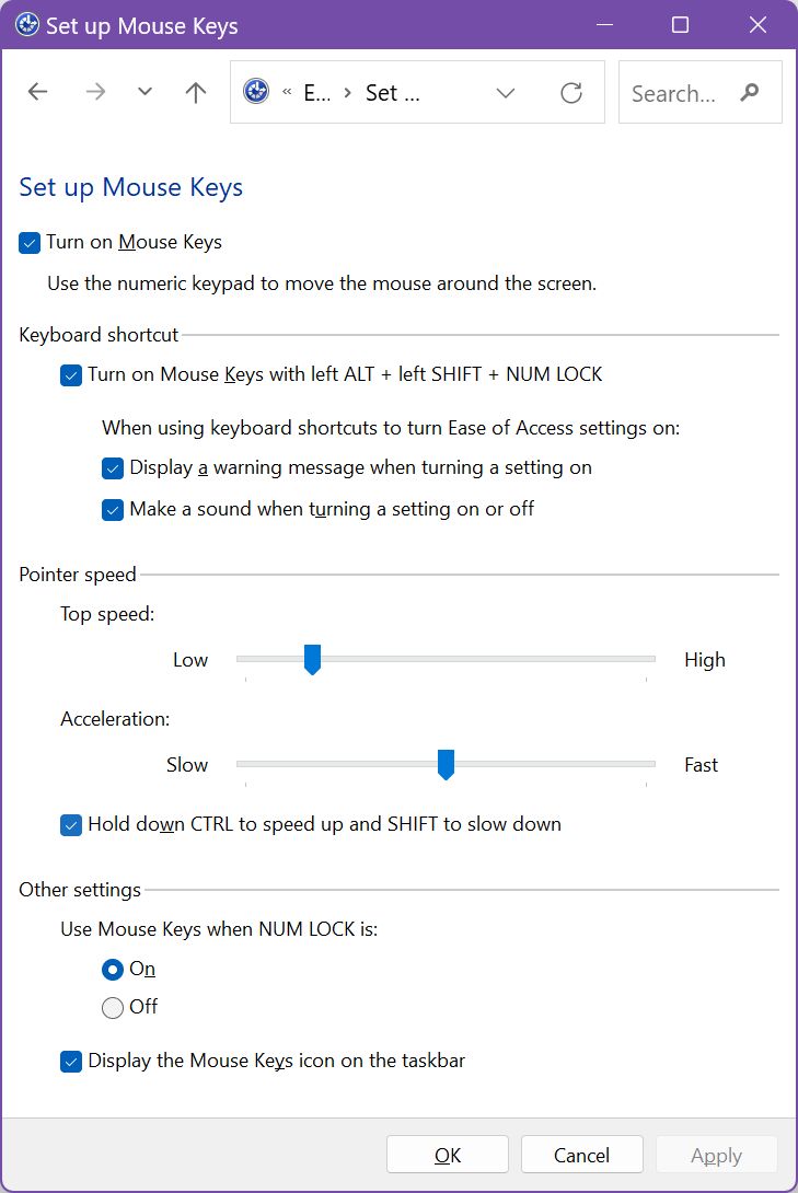 control panel mouse keys options