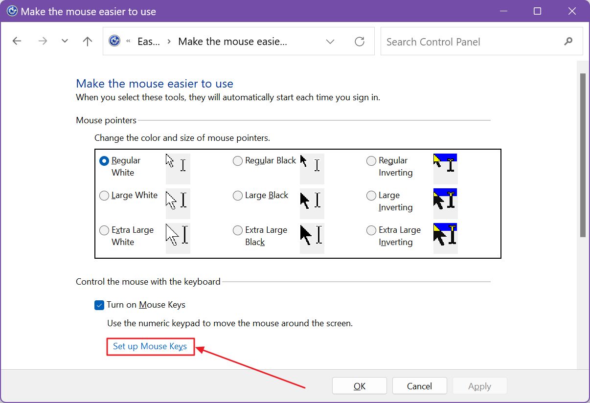 configuración del panel de control teclas del ratón