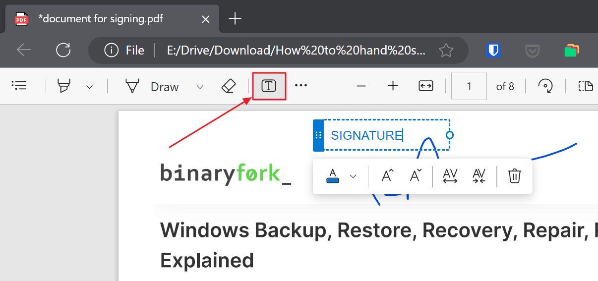 le navigateur edge tape n'importe où dans le pdf