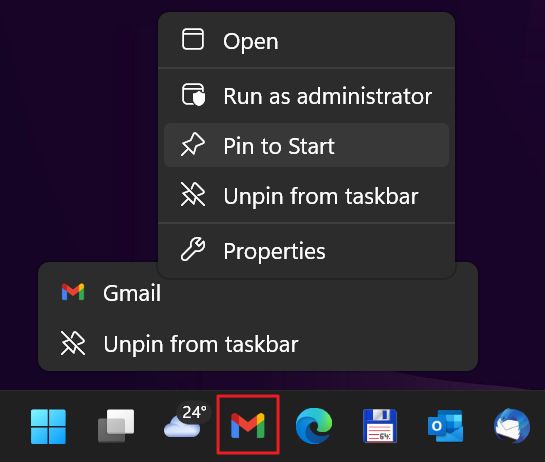 edge gmail app pinned to taskbar