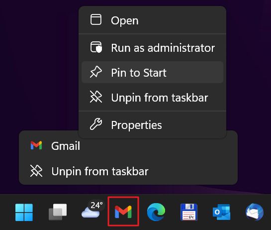edge gmail app an Taskleiste angeheftet