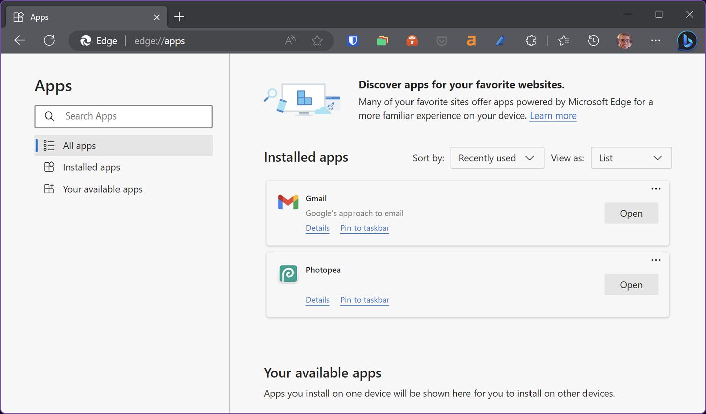 edge installed website as desktop apps