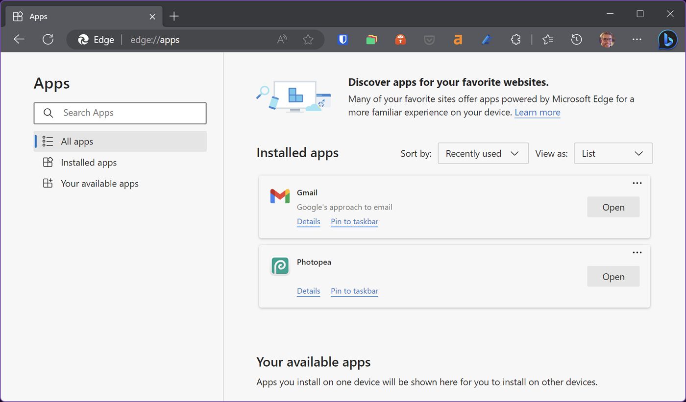 Edge installierte Website als Desktop-Apps