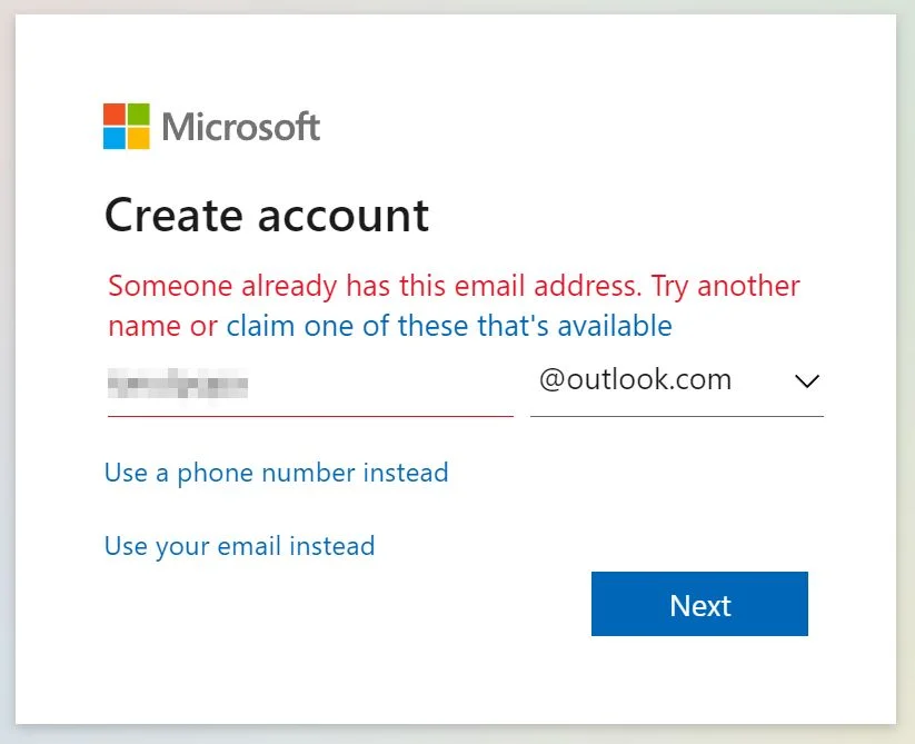 microsoft create account someone already has this email address