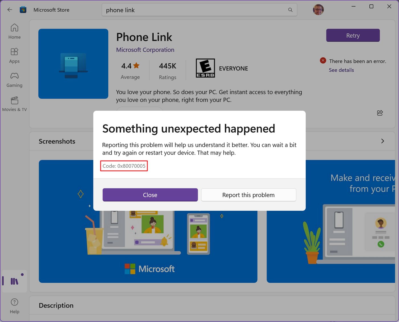 erro 0x80070005 da microsoft store ao transferir uma aplicação