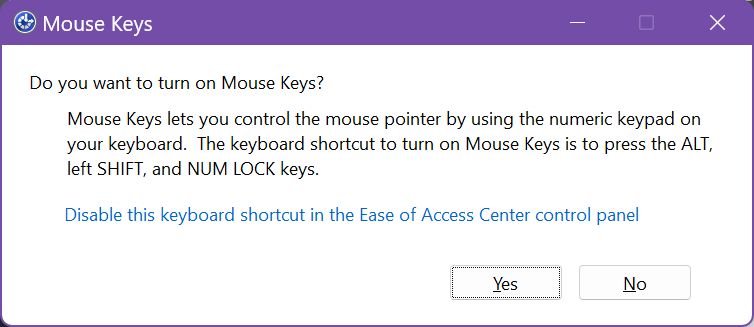 mouse keys turn on warning