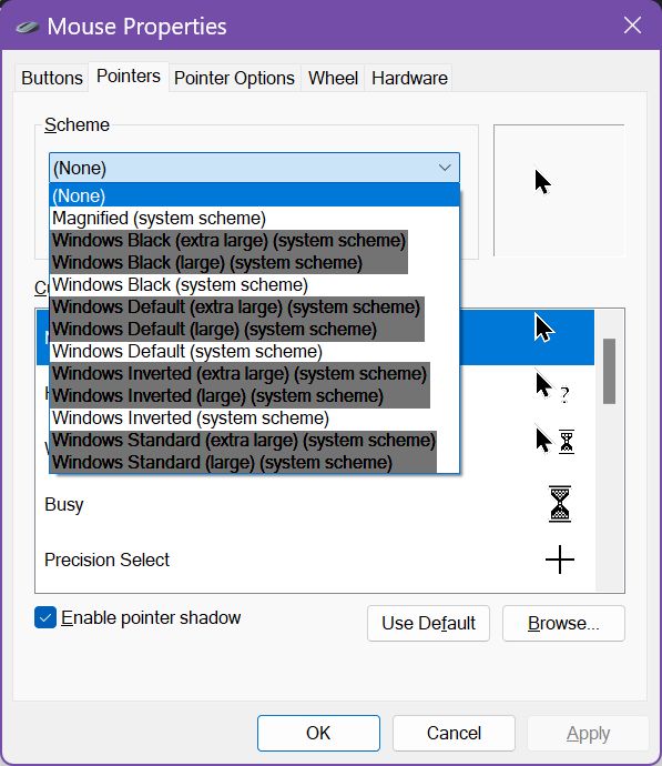 vecchie proprietà del mouse schemi del puntatore