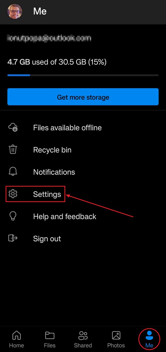 onedrive android app profile settings
