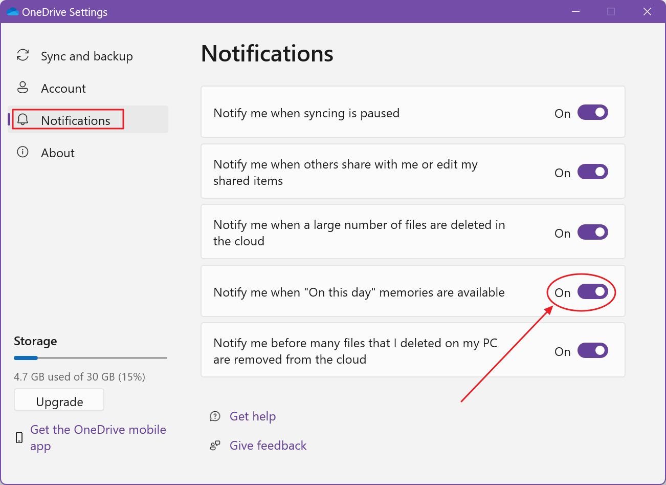 onedrive desktop app settings notifications on this day