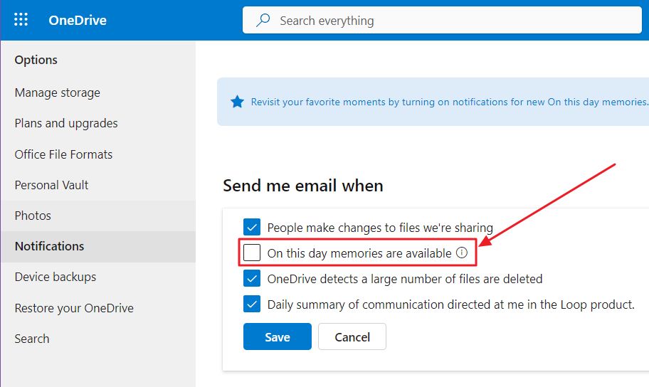 onedrive website settings email notification on this day