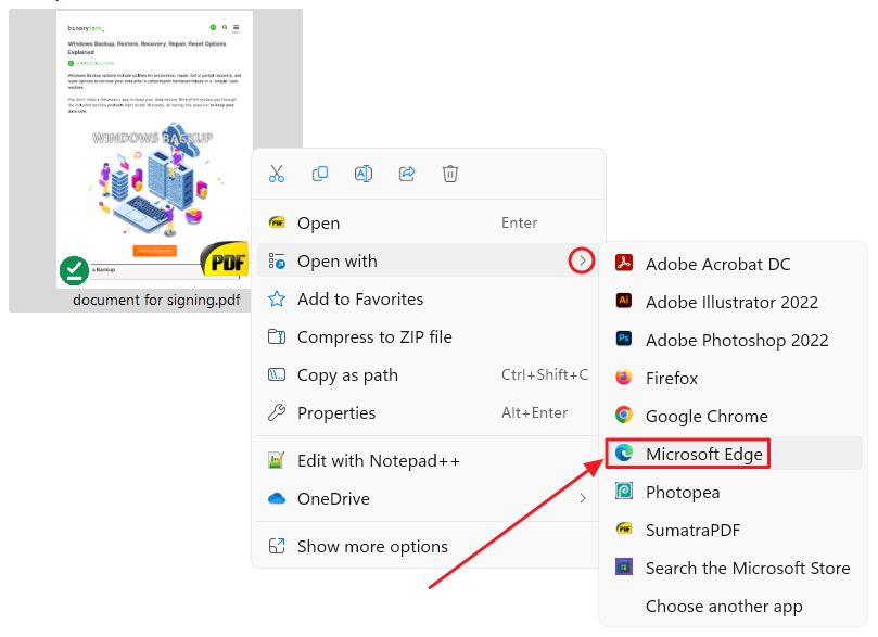 pdf windows contextual menu open with edge