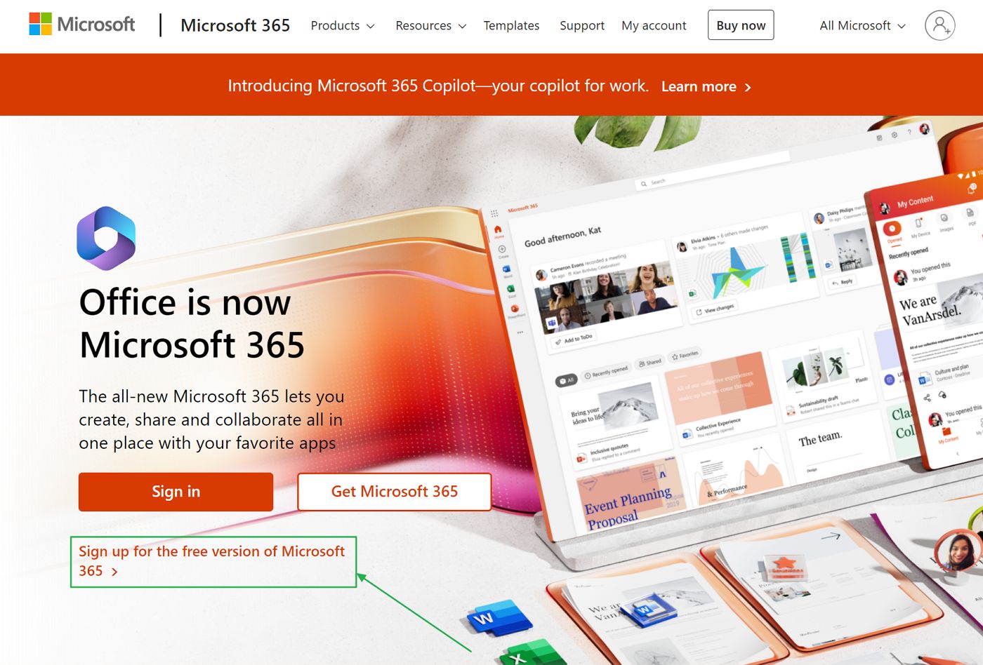 sign up for the free version of microsoft 365