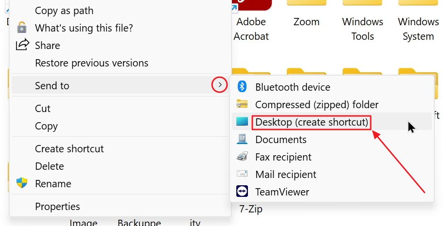 windows contextual menu send to desktop create shortcut