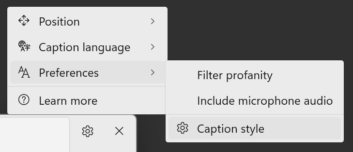 windows live caption preferences