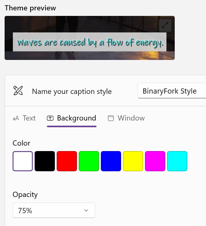 windows live captions custom style preview