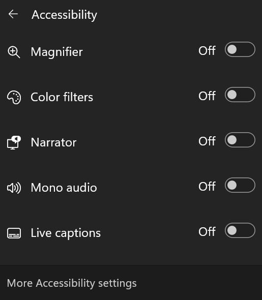 windows quick toggles accessibility on off switches