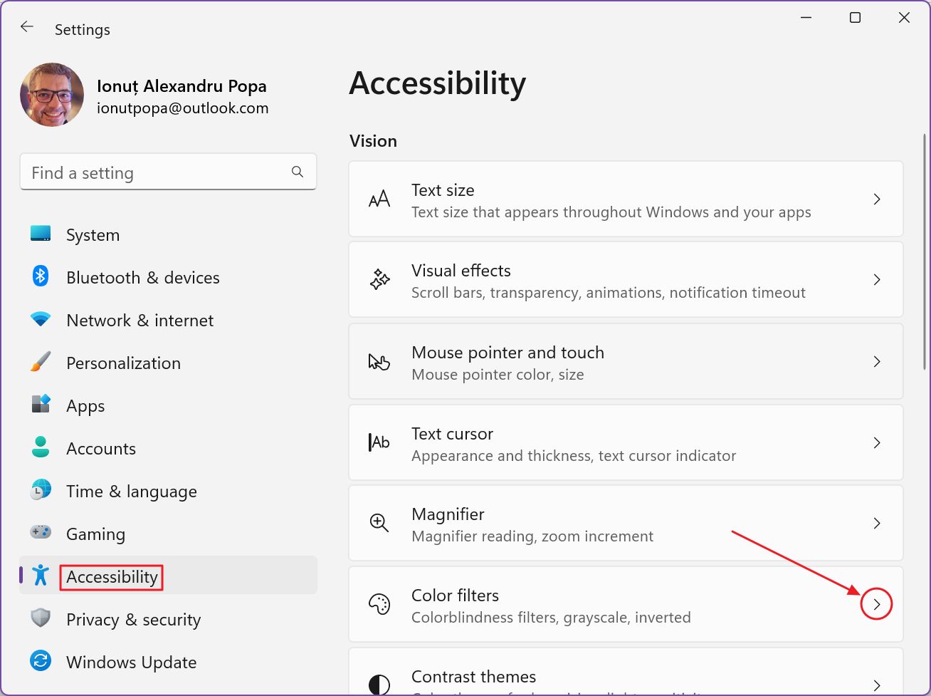 windows settings accesibility color filters