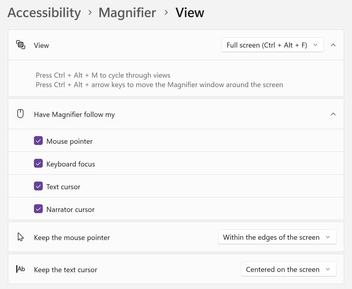 windows settings accesibility magnifier view settings