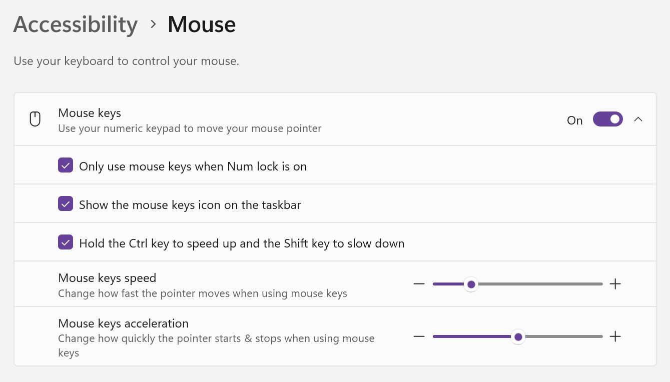 Paramètres de Windows Accessibilité Options des touches de la souris