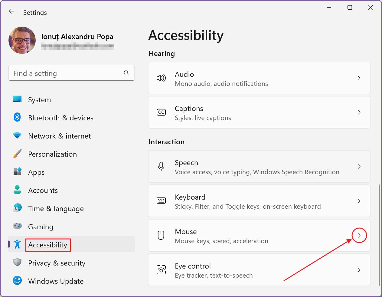 configuración de windows accesibilidad ratón