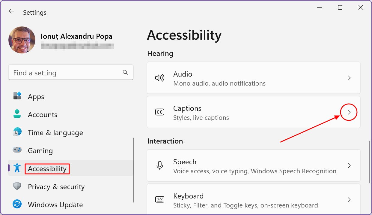windows settings accessibility hearing captions