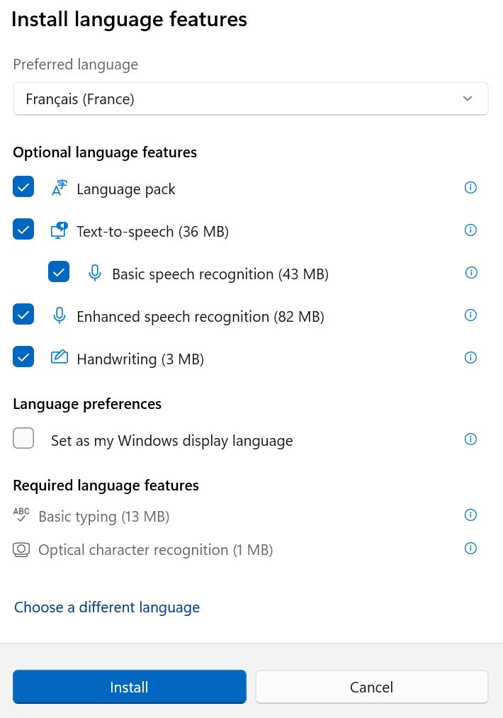 configuración de windows añadir idioma características opcionales