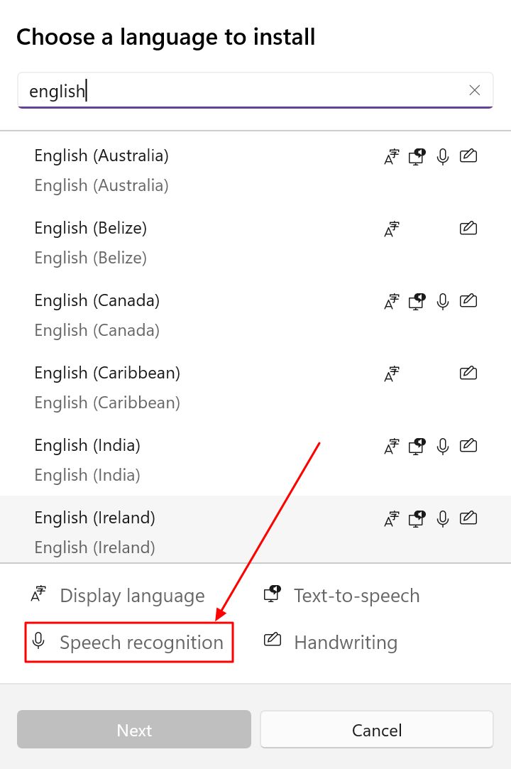 les paramètres de windows ajoutent une langue avec des capacités de reconnaissance vocale