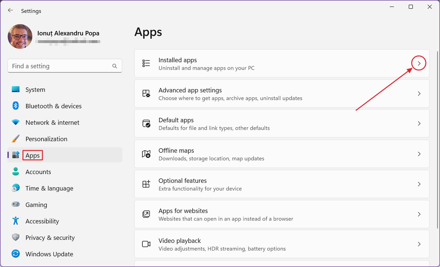 windows settings apps installed