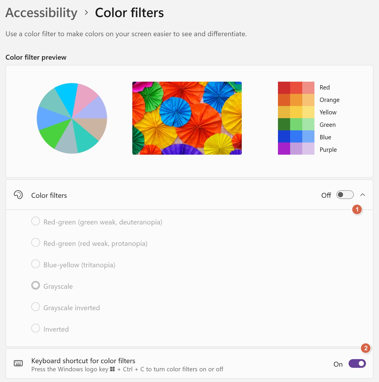 paramètres des fenêtres options des filtres de couleur