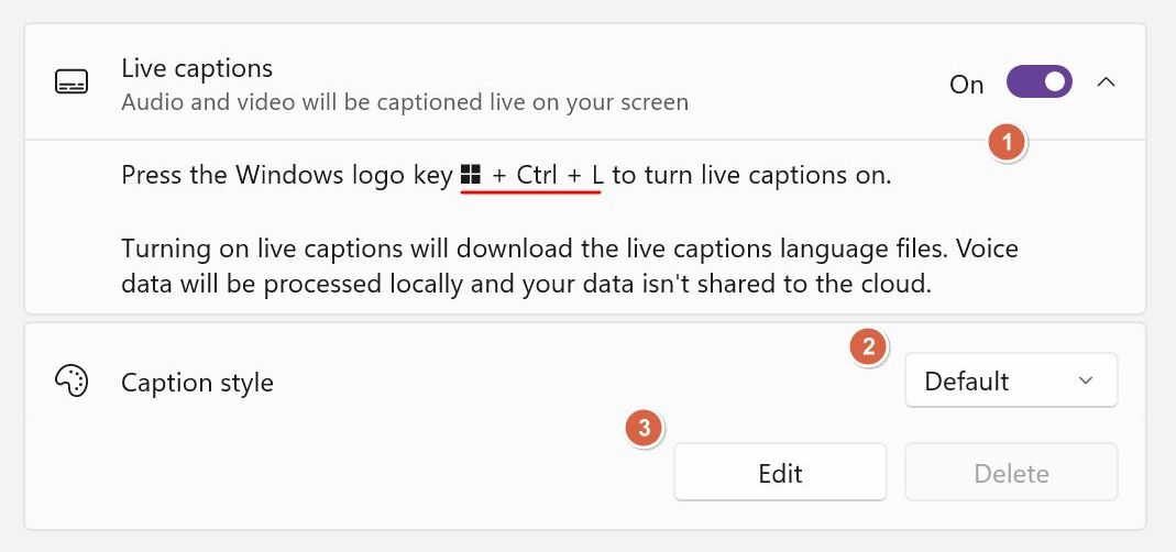 windows settings live captions options