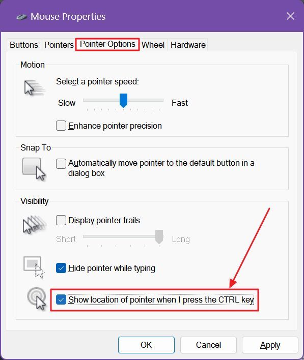 mouse properties show location when I press the CTRL key