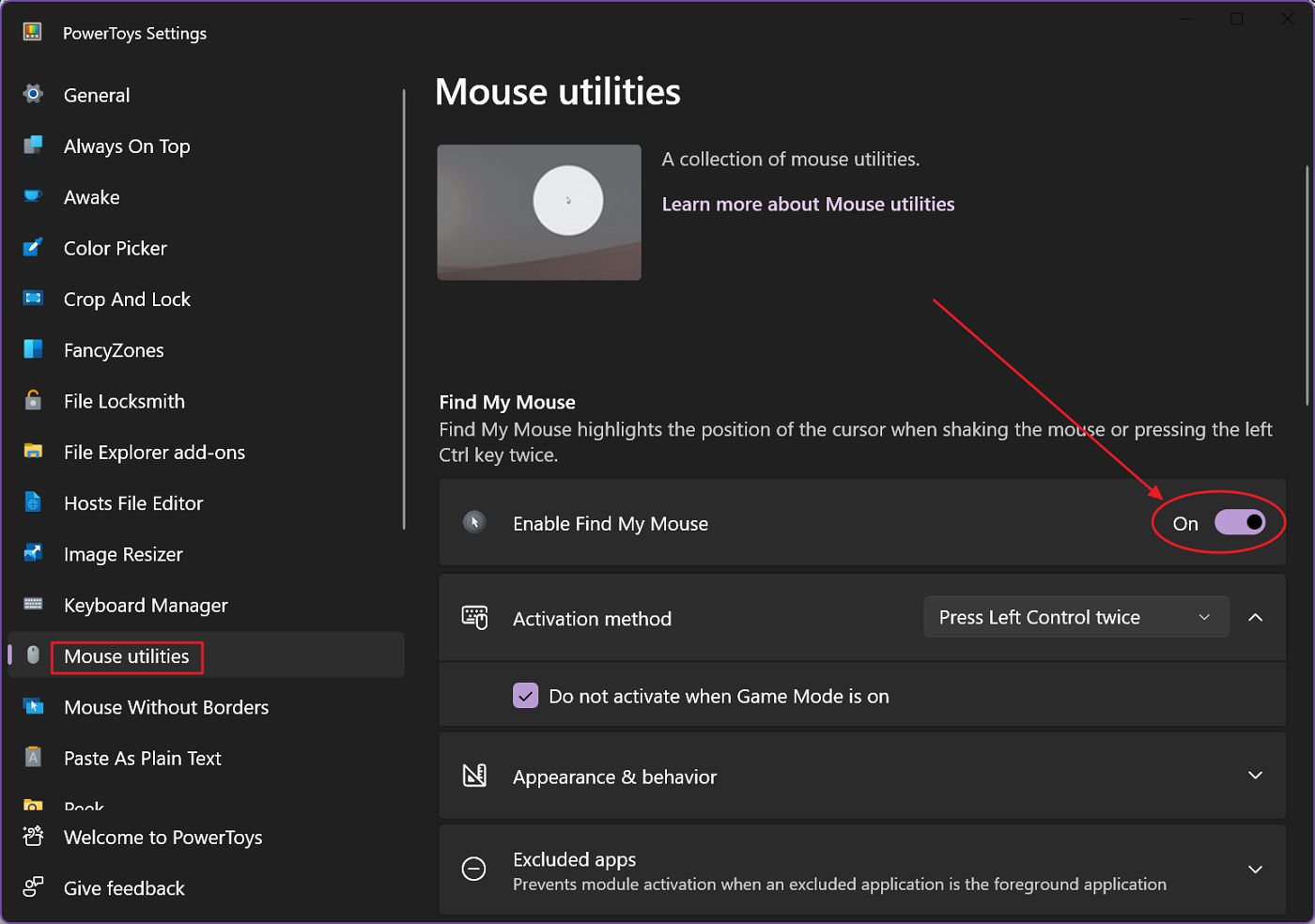 powertoys mouse utilities enable find my mouse