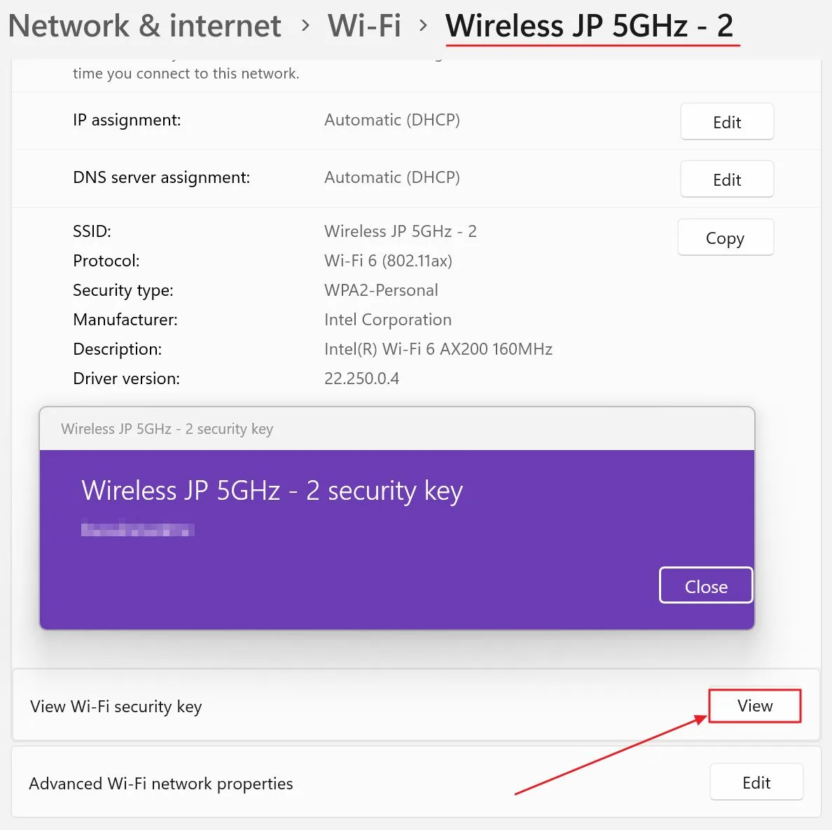 windows 11 view wi fi security key