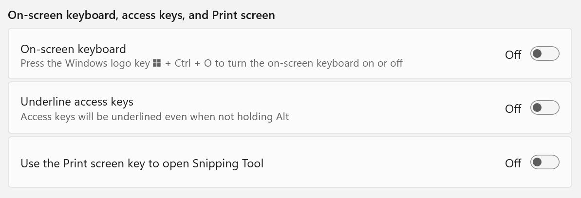 窗口可访问性 屏幕键盘访问键 打印屏幕