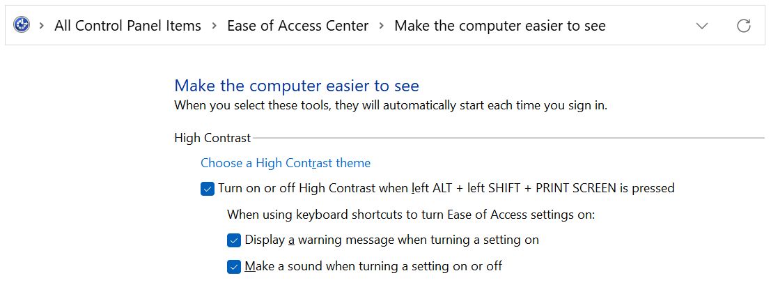 windows control panel high contrast