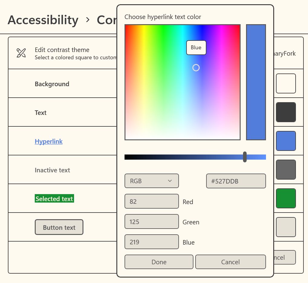 finestra di dialogo per la modifica del colore del tema ad alto contrasto di windows